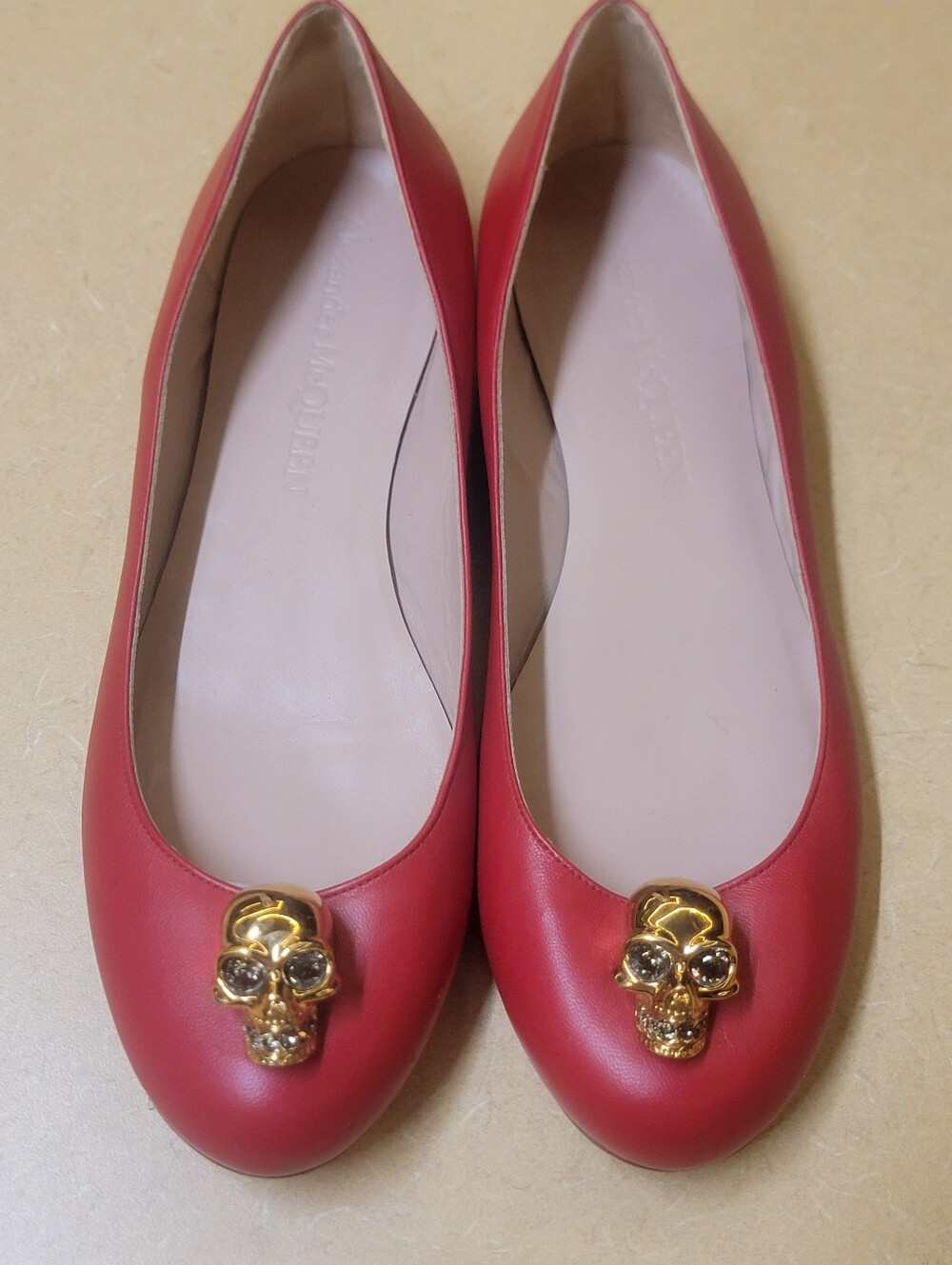 Alexander McQueen Lust Red Nappa Leather Gold Crystal Skull Ballet Flats 39